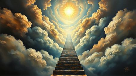 A captivating surreal oil painting depicts a stairway ascending through smoky clouds towards a radiant celestial light.  Rich