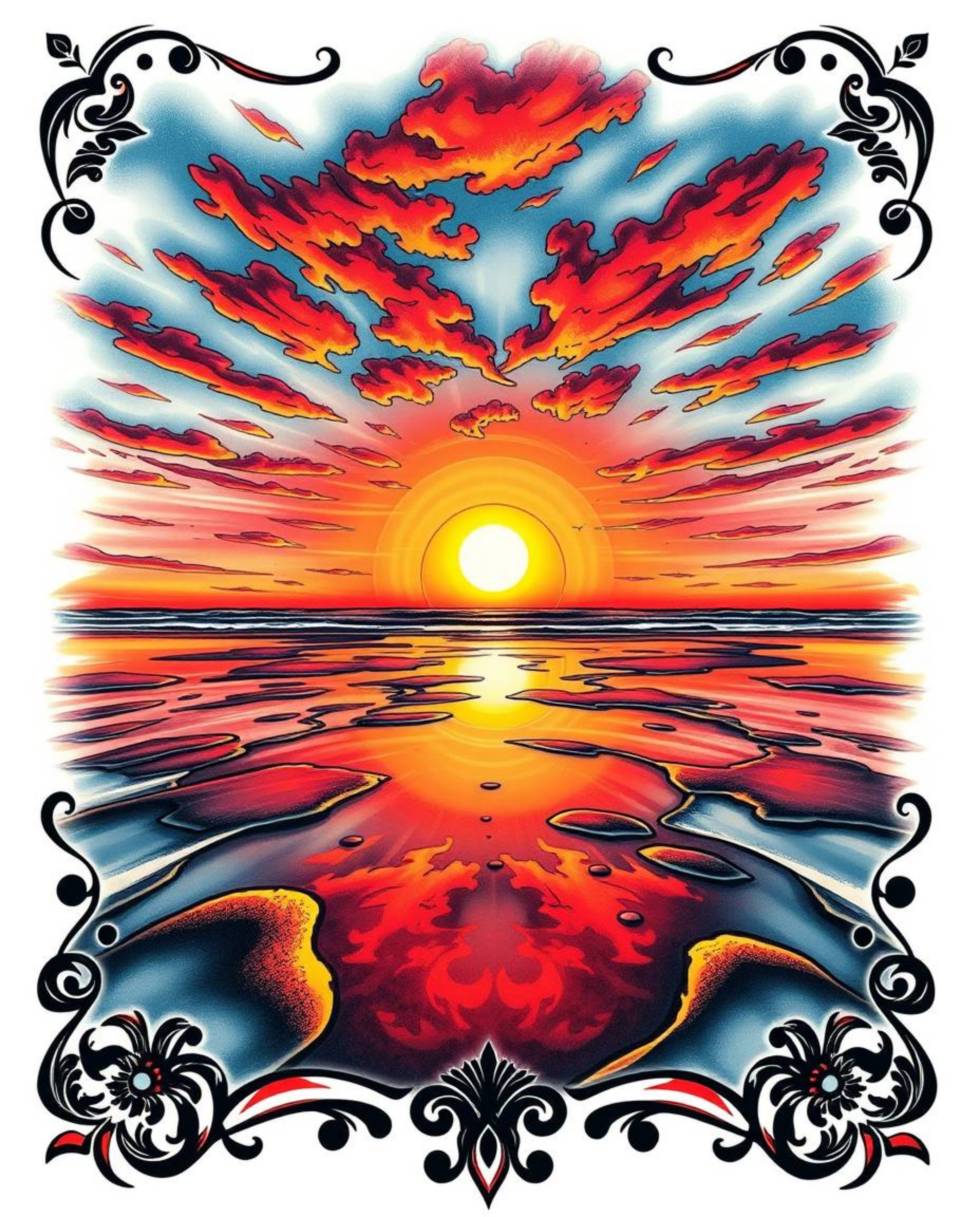 Discover a symbolic traditional tattoo art print featuring a dramatic low-angle perspective of a sunset sky reflected in beac