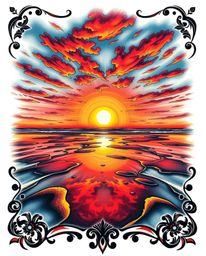 Discover a symbolic traditional tattoo art print featuring a dramatic low-angle perspective of a sunset sky reflected in beac