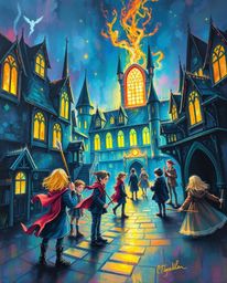 A captivating acrylic painting depicts a magical school brimming with young wizards.  The artwork showcases bold brushstrokes