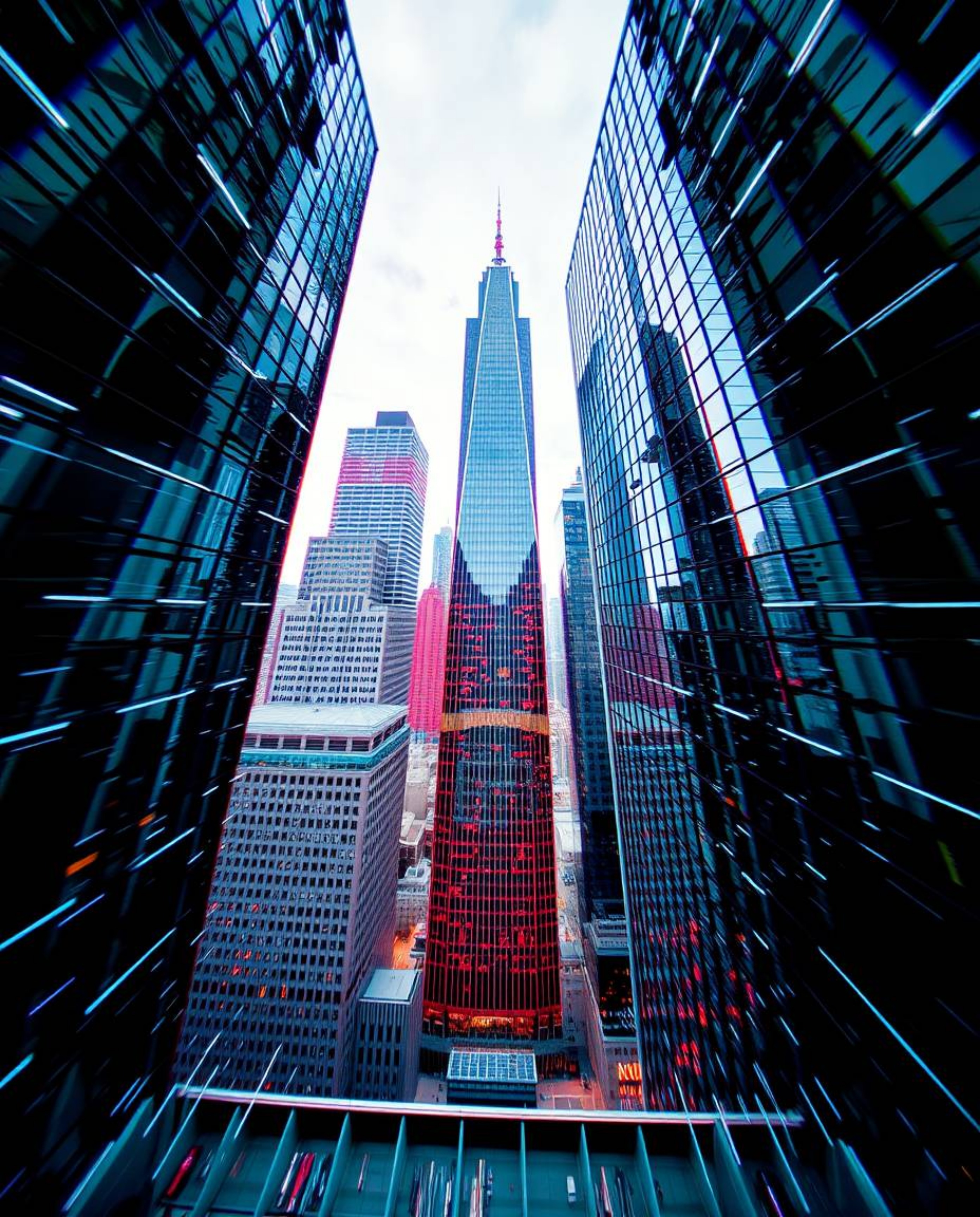 A captivating high-angle architectural photograph depicts a glitchy digital landscape. Distorted skyscrapers pierce the sky, 