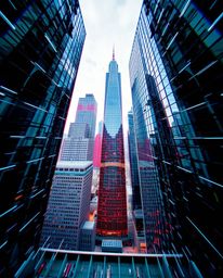 A captivating high-angle architectural photograph depicts a glitchy digital landscape. Distorted skyscrapers pierce the sky, 