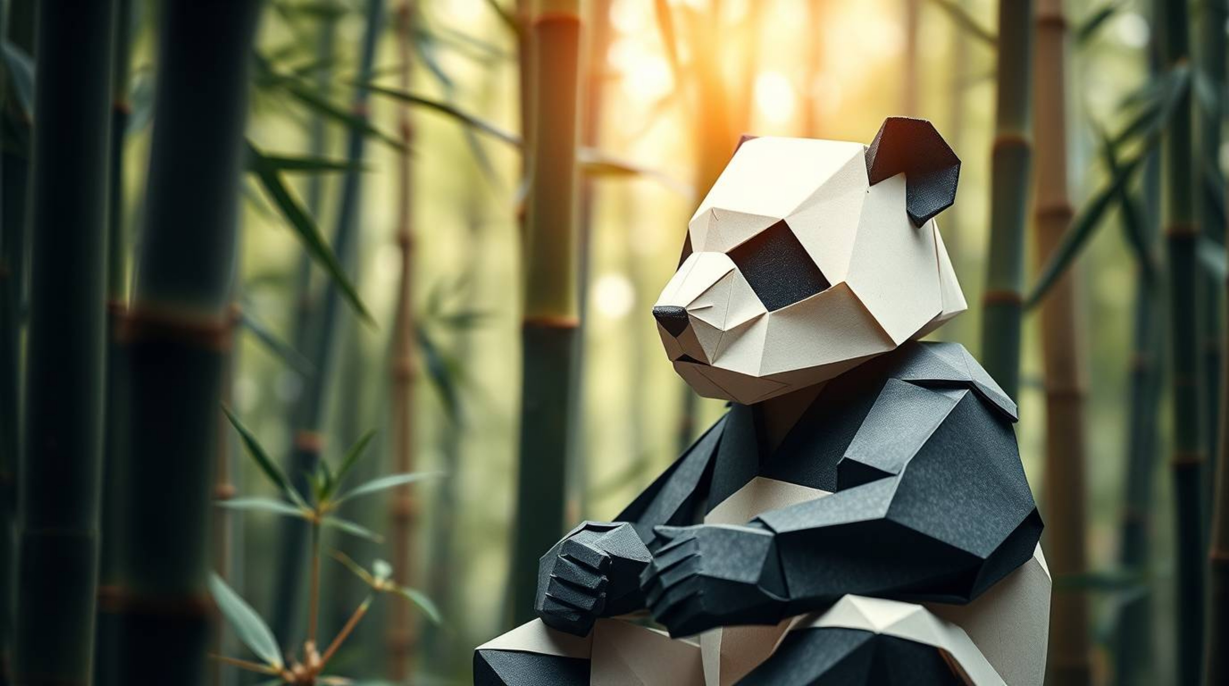A stunning close-up showcases a meticulously crafted origami panda, a martial artist in deep meditation within a serene bambo