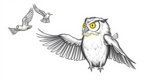 A heartwarming hand-drawn sketch, reminiscent of Pixar's animation style, features a blind owl imparting the art of flight to