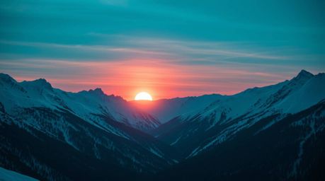 Experience the breathtaking beauty of snow-capped mountains bathed in the warm glow of a pastel sunset. This stunning landsca
