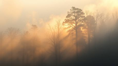 Experience the magical golden hour with this captivating image of soft pastel colors illuminating mist rising from a forest. 