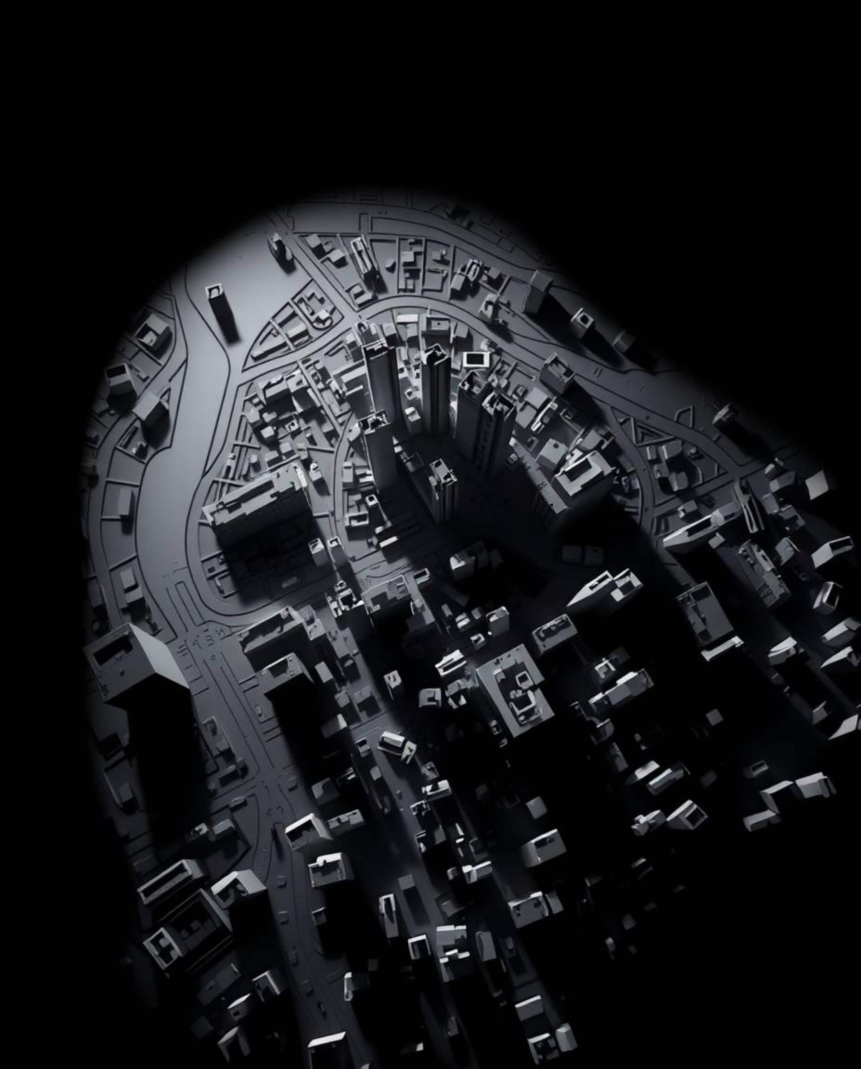 This image showcases an abstract city map constructed from geometric shapes, captured from a high-angle, aerial perspective. 