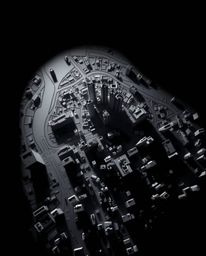 This image showcases an abstract city map constructed from geometric shapes, captured from a high-angle, aerial perspective. 