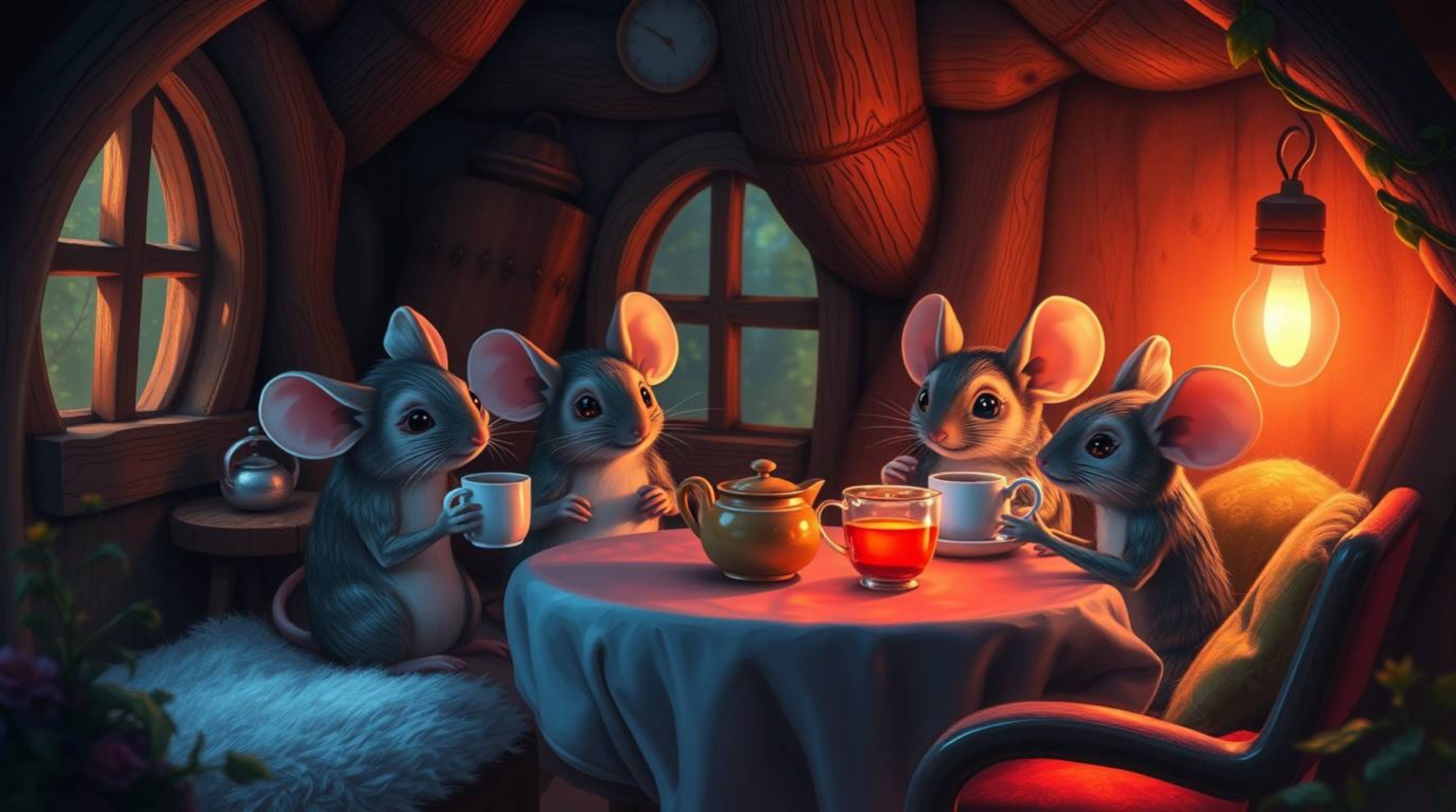 A captivating digital painting depicts anthropomorphic mice enjoying a delightful tea party within a cozy cottage.  The scene