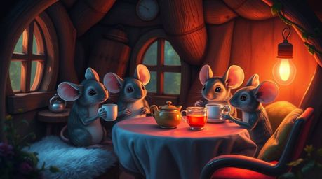 A captivating digital painting depicts anthropomorphic mice enjoying a delightful tea party within a cozy cottage. The scene