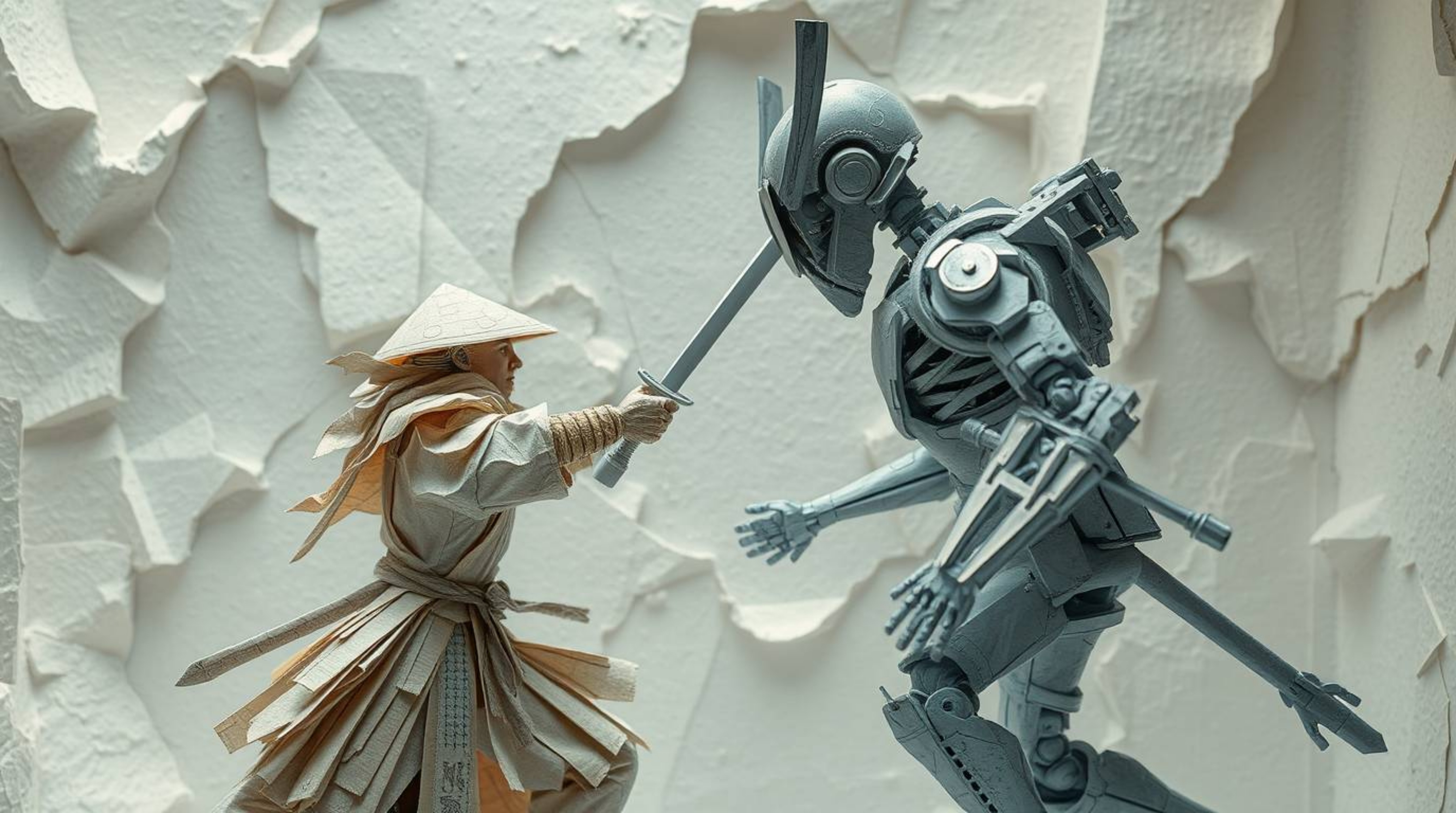 A layered papier-mâché sculpture vividly portrays a samurai and a robot locked in an intense battle within a dystopian world.