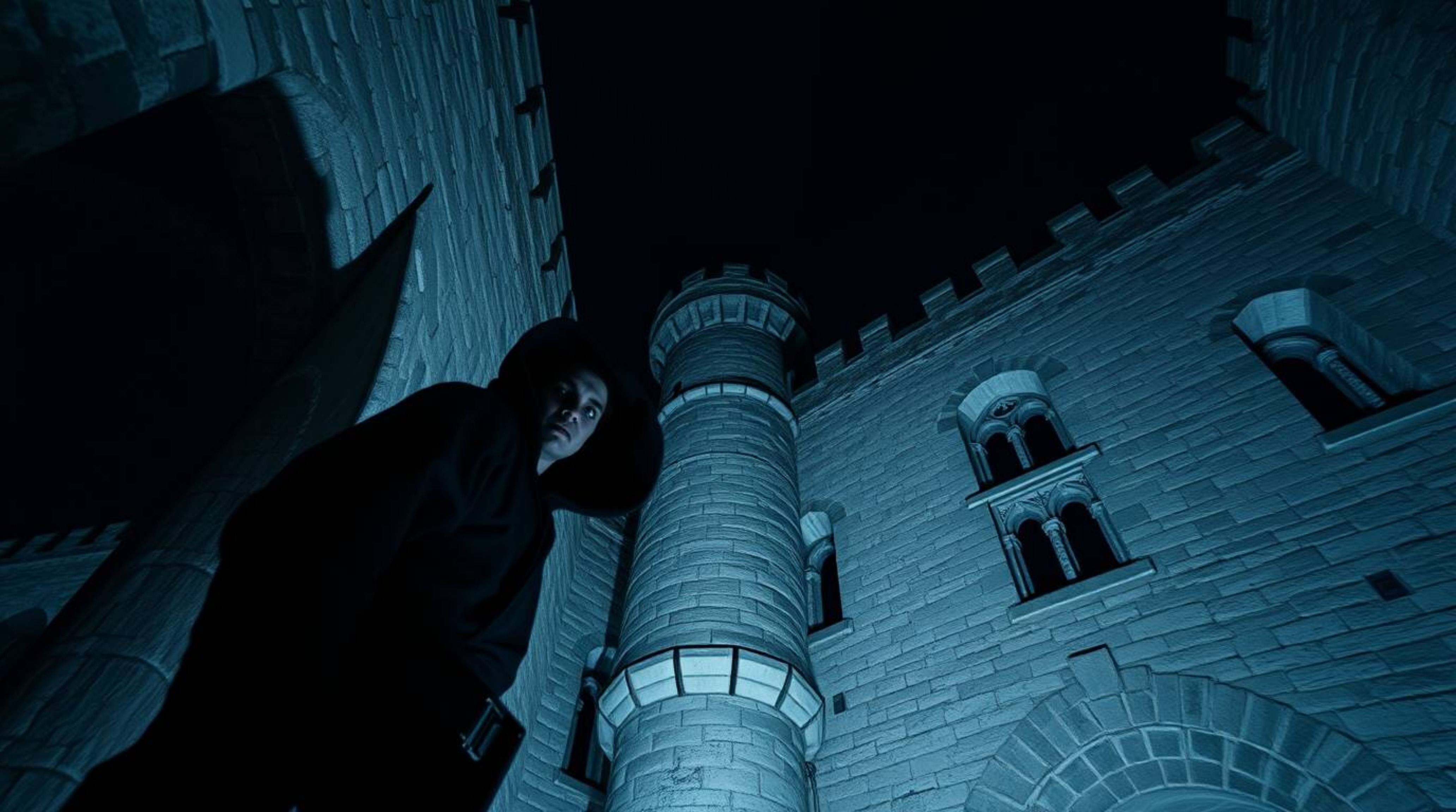 A high-angle architectural photograph depicts a thief, clad in dark clothing with a subtly shadowed face, sneaking into a med
