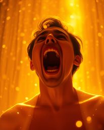 Experience a captivating blend of surrealism and digital art.  A figure screams, their face bathed in golden light, as the wo