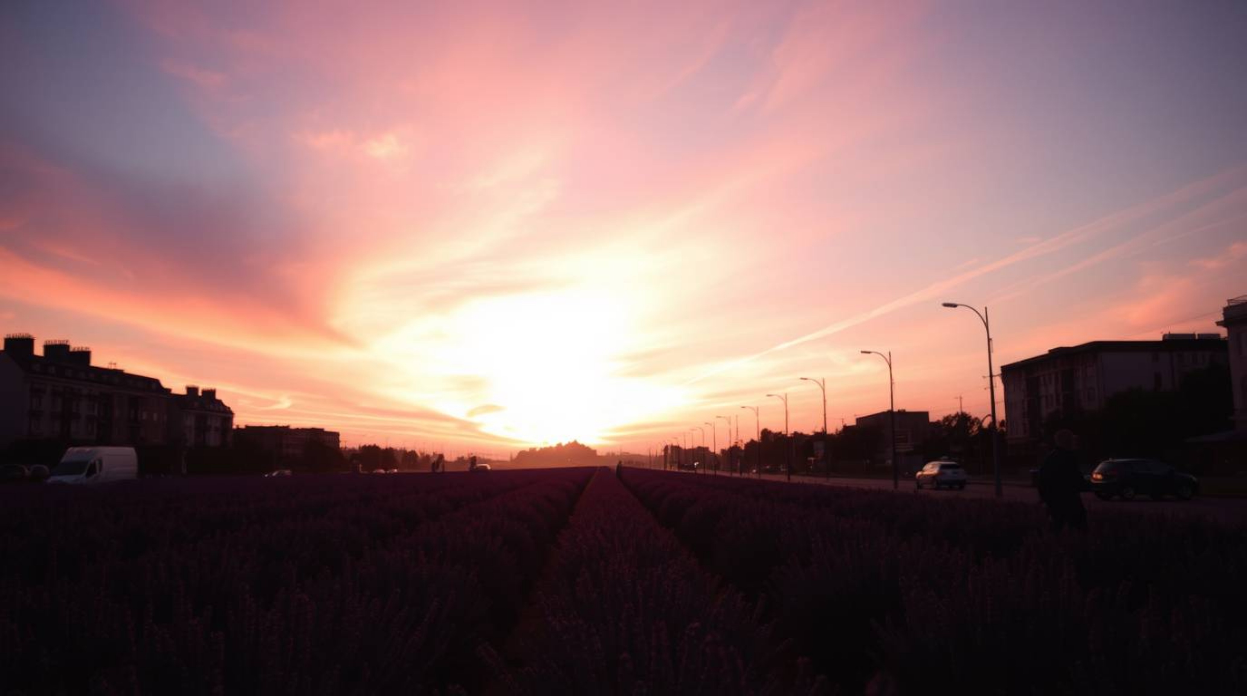 Explore the beauty of silhouetted candid street photography capturing lavender fields glowing under a dreamy pink sky. This c