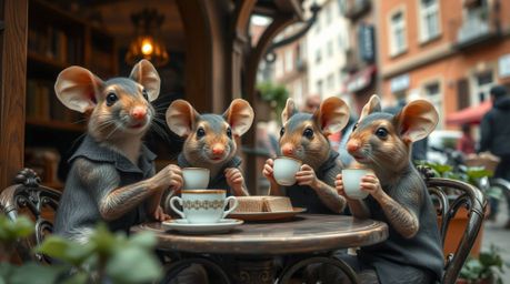 A captivating street photography image depicts refined anthropomorphic mice elegantly enjoying a tea party within a cozy cott