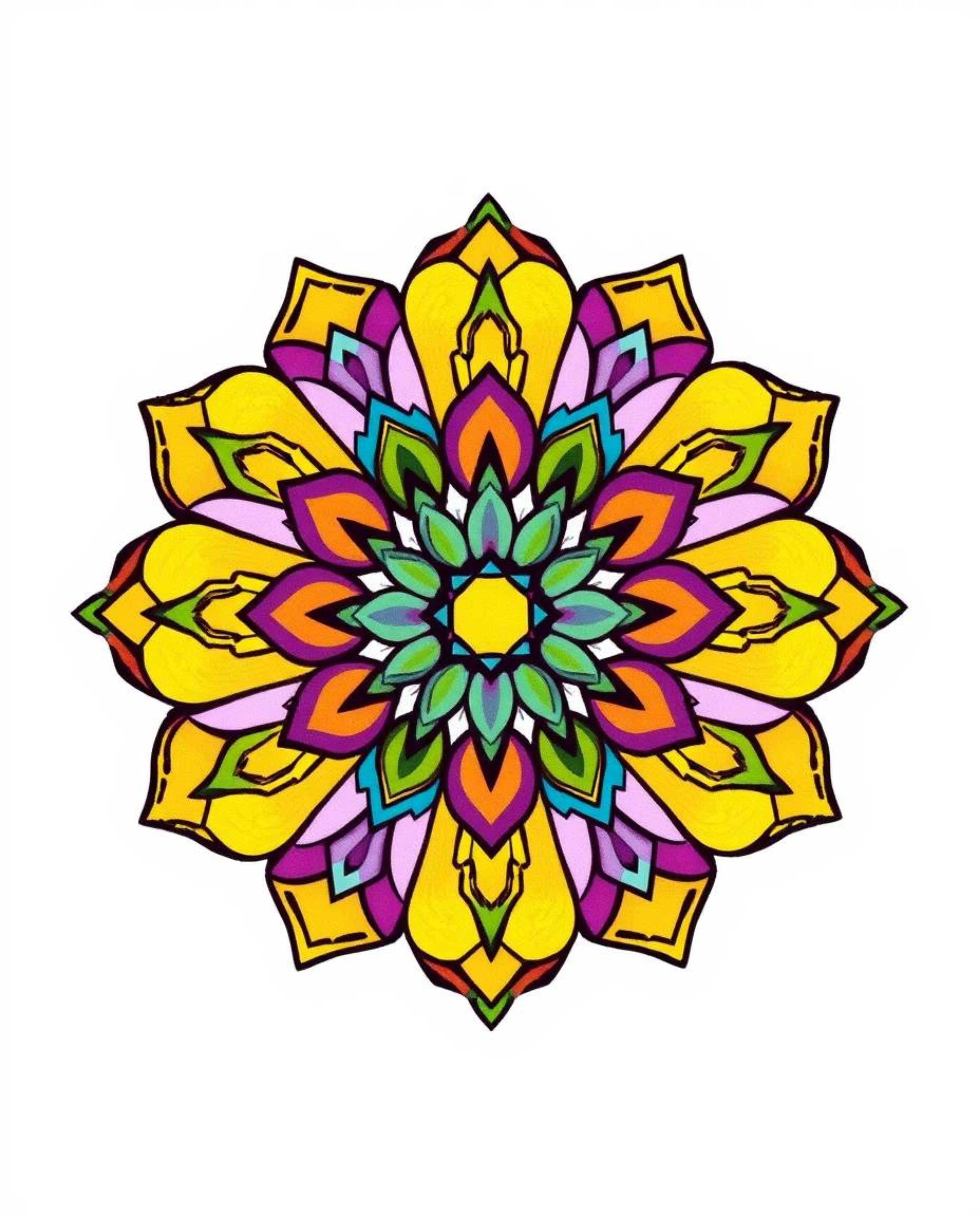 Explore an adorable and charming geometric floral mandala featuring vibrant colors and a symmetric design. This cute and deta