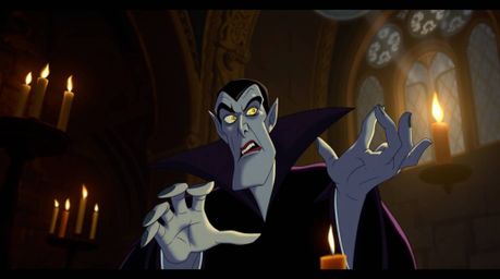 A classic Disney villain, with sharp features and pale skin, is depicted casting a spell within the ancient walls of an old c