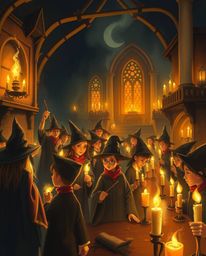 Discover a captivating image of a magical school brimming with young wizards.  Bathed in the warm glow of flickering candleli