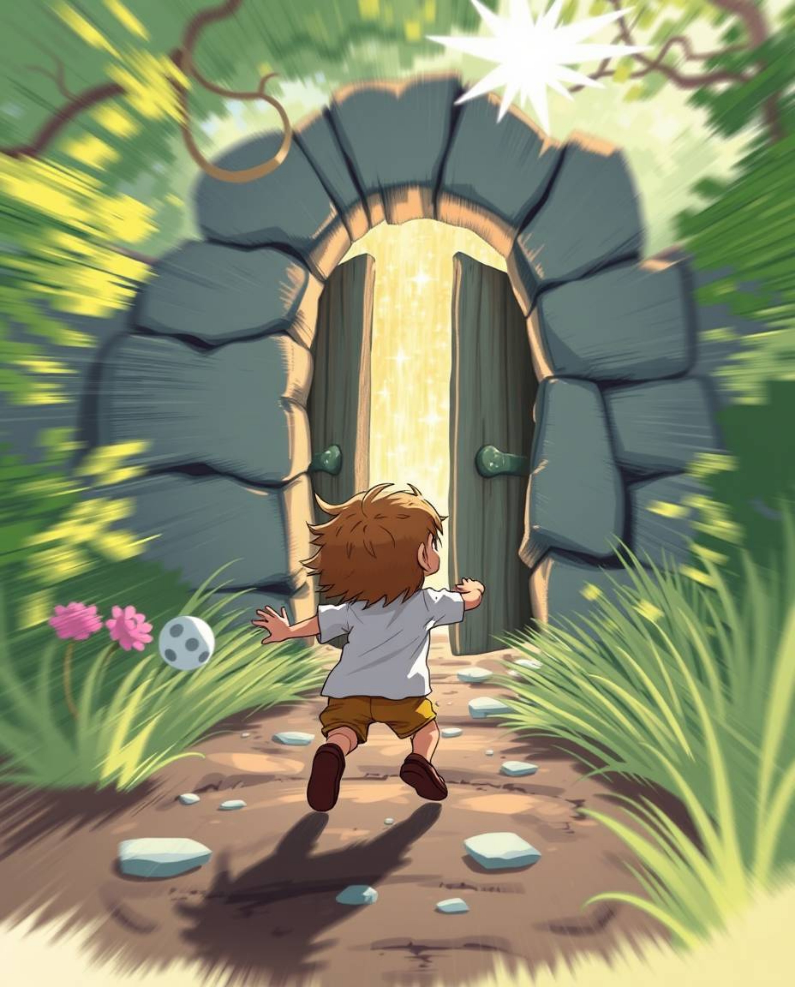 A captivating illustration depicts a child stumbling upon a shimmering, magical portal hidden in their backyard.  Blurred lin