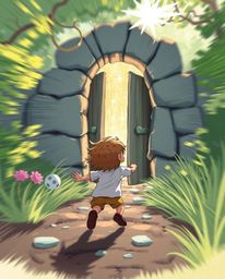 A captivating illustration depicts a child stumbling upon a shimmering, magical portal hidden in their backyard. Blurred lin