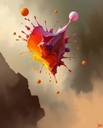 This digital art presents abstract 3D colorful splash shapes floating in space, rendered in a surreal style. Using natural ea
