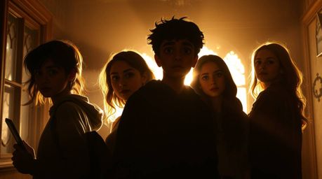 A captivating scene unfolds within the earthy and cozy confines of a haunted mansion, where a group of diverse teenagers, sil