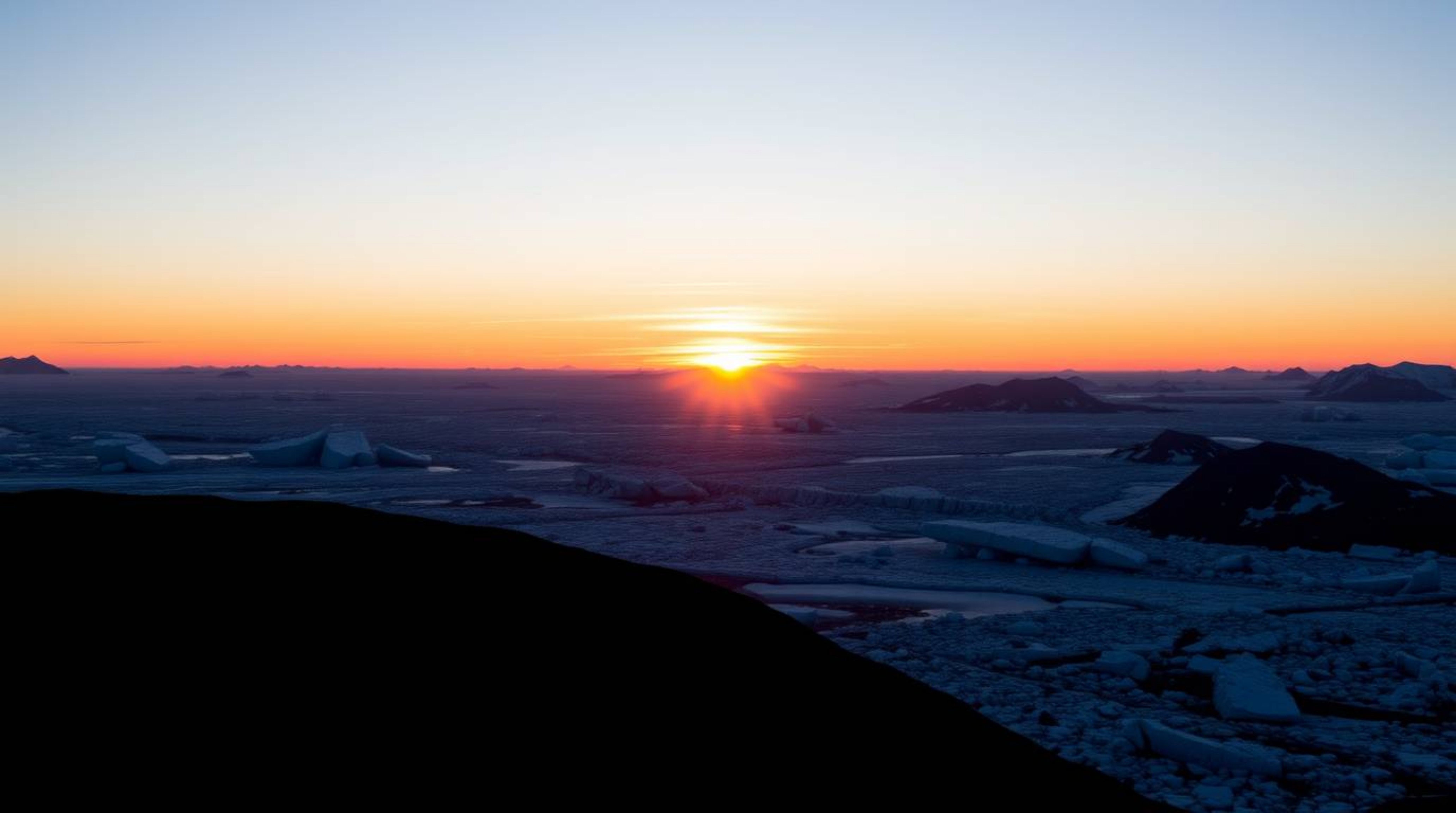 A captivating sunset unfolds over icy polar glaciers, presented in a distinct split composition that dramatically emphasizes 