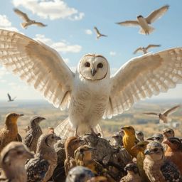 Witness a breathtaking high-fashion photography piece featuring a blind owl with a wise and gentle face, its soft feathers a 