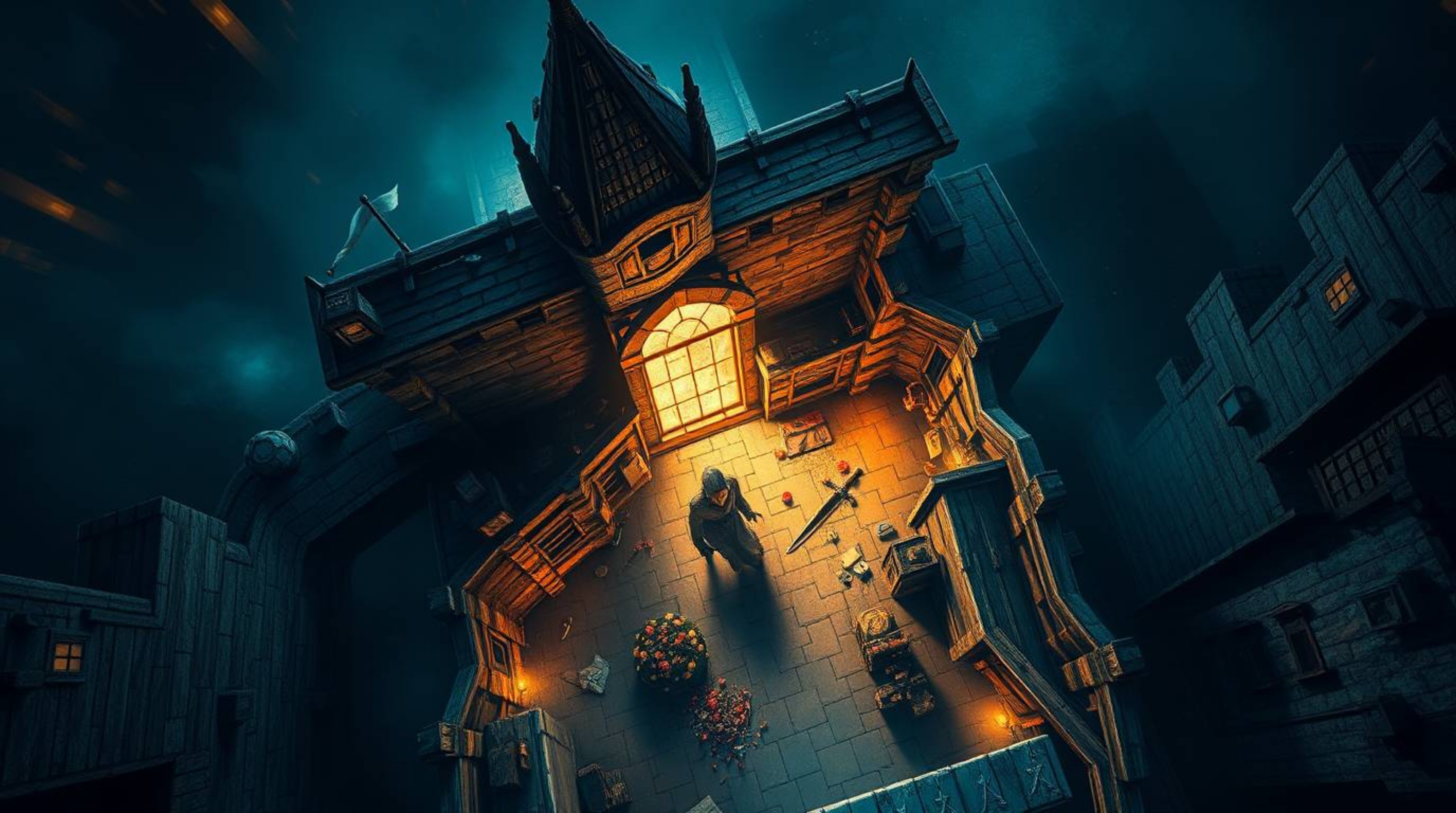 This overhead bird's-eye view art piece creatively depicts a thief's daring infiltration of a heavily guarded castle. Artisti