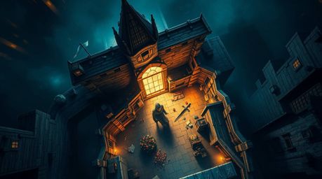This overhead bird's-eye view art piece creatively depicts a thief's daring infiltration of a heavily guarded castle. Artisti