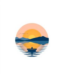 Geometric logo inspired by a sunset lake scene with a boat, soft pastel colors, clean lines and shapes, focusing on balance a