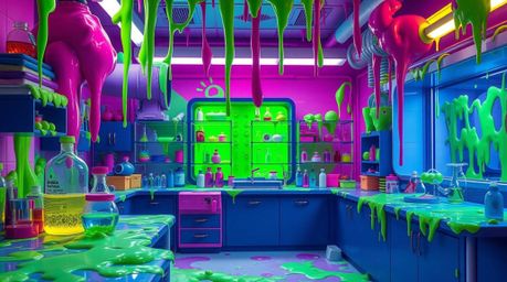Explore a captivating slime-covered science lab rendered in electric, vivid colors, showcasing graceful and elegant features 