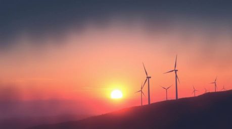 This stunning digital painting captures a serene sunset unfolding behind a row of wind turbines perched atop a rolling hill. 