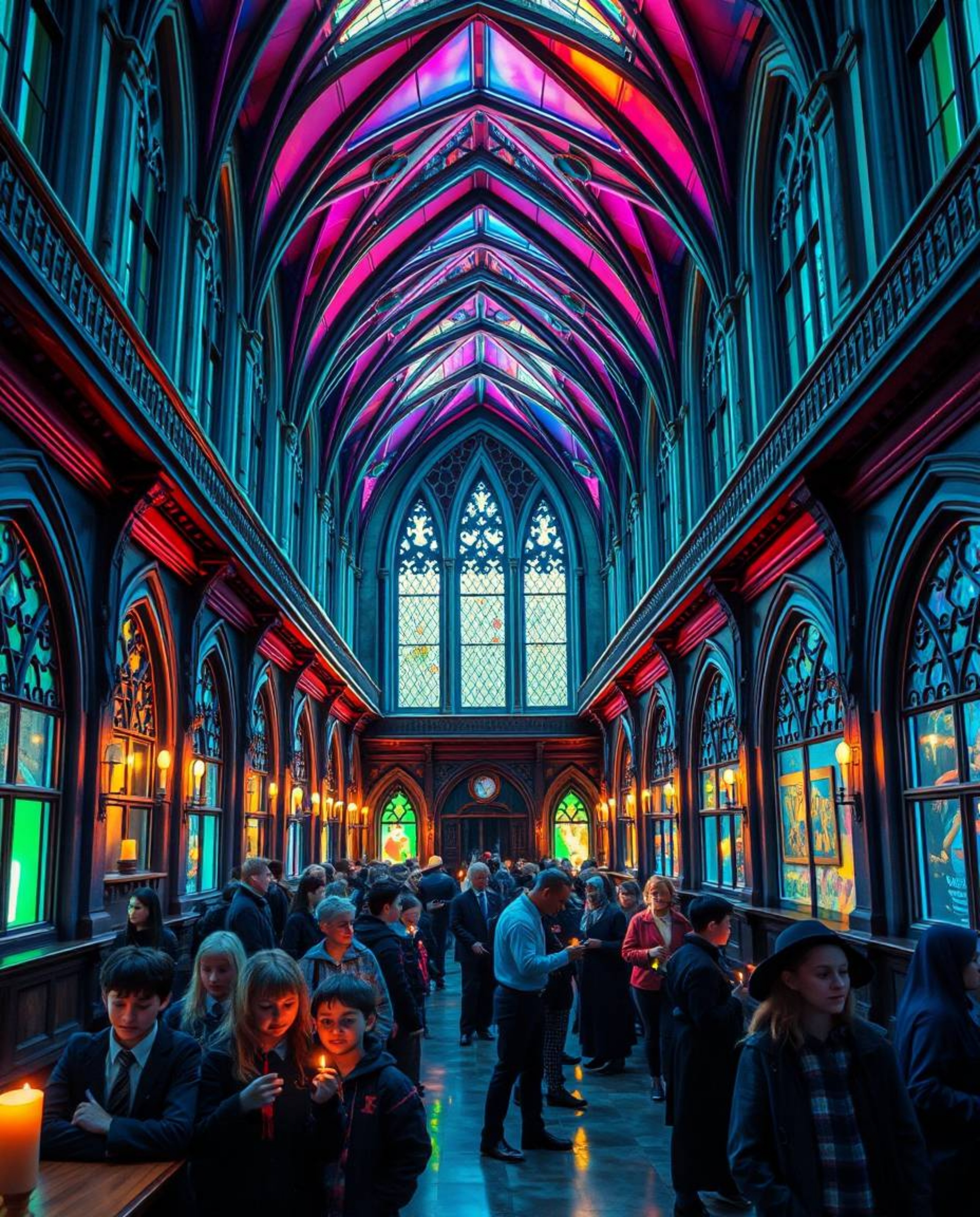 Capture the enchanting allure of a magical school teeming with young wizards in this precise architectural color photograph. 