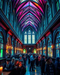Capture the enchanting allure of a magical school teeming with young wizards in this precise architectural color photograph. 