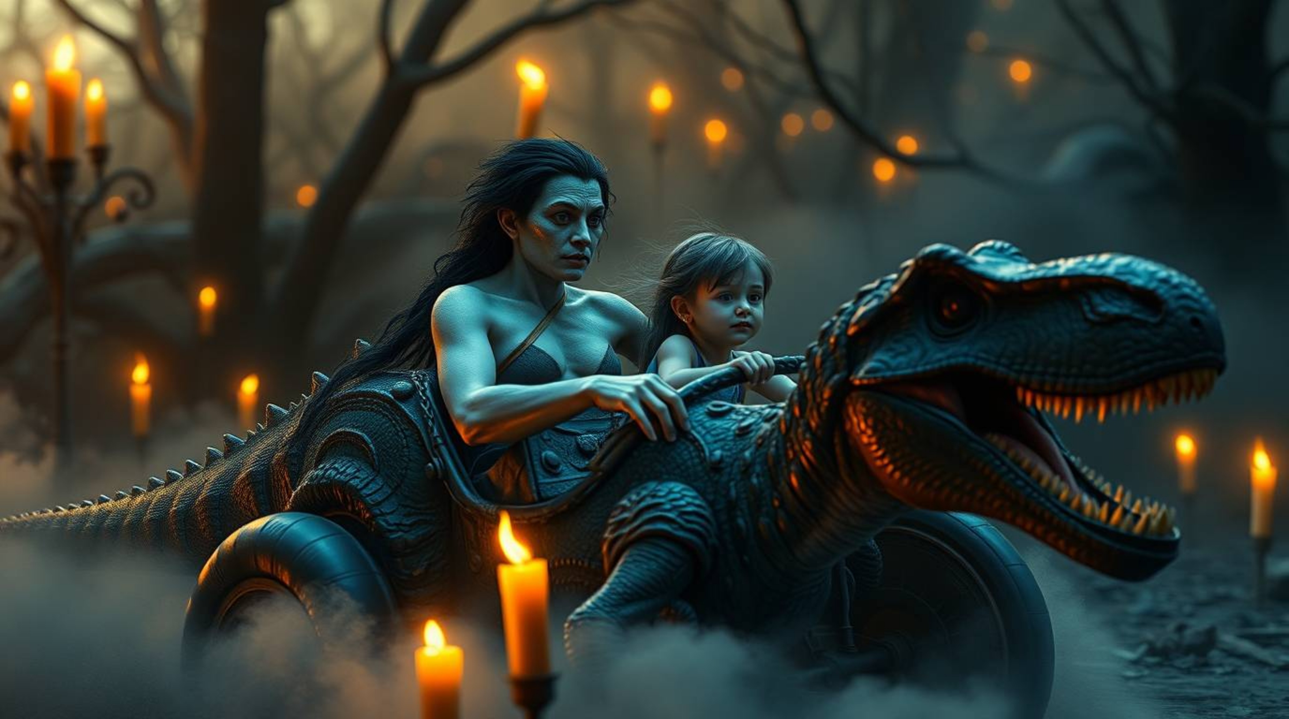 Experience a surreal and dreamlike scene featuring a prehistoric family with pale skin and dark hair riding a dinosaur car. T