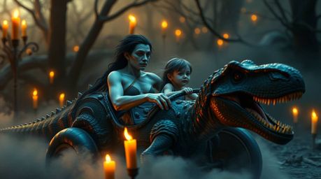 Experience a surreal and dreamlike scene featuring a prehistoric family with pale skin and dark hair riding a dinosaur car. T
