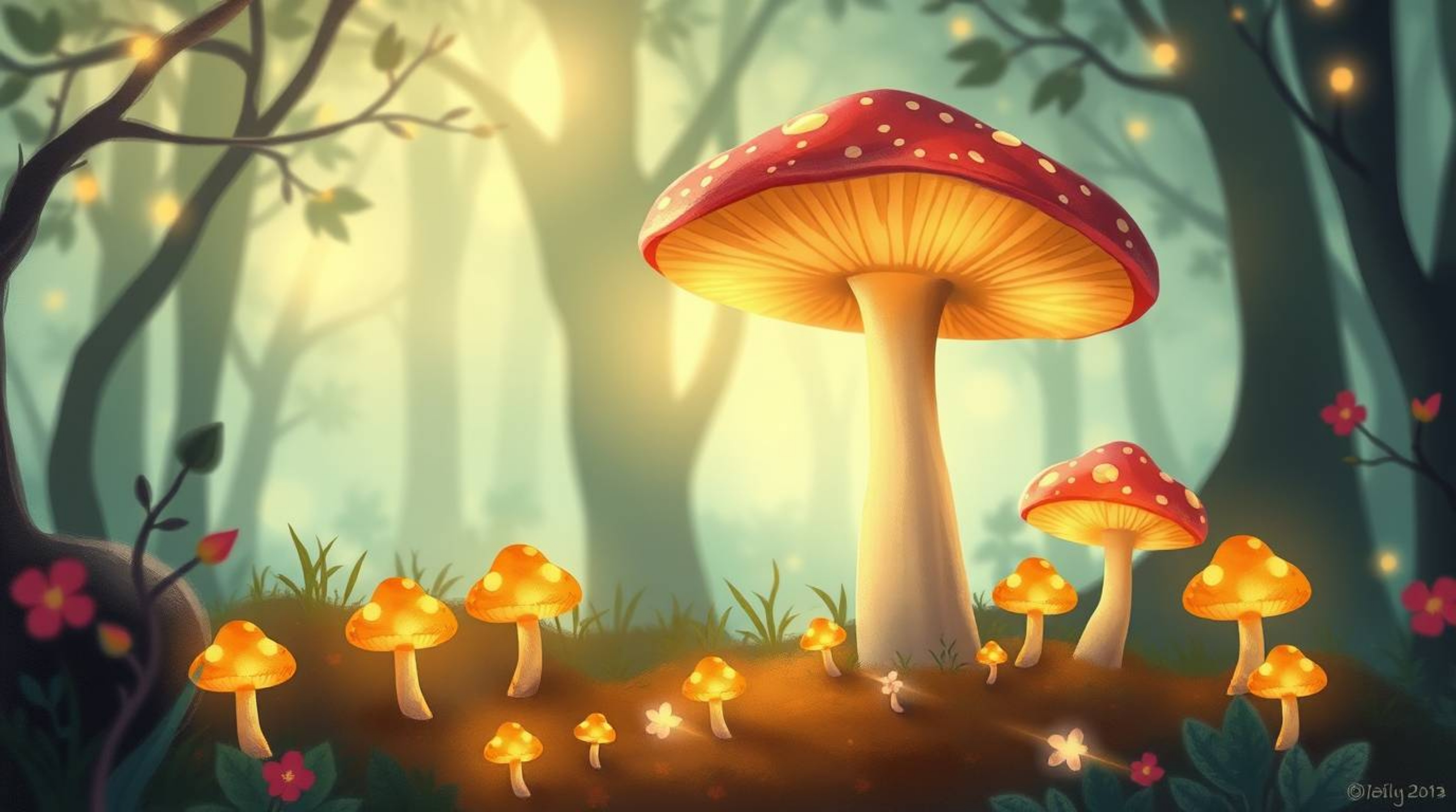 Discover a digitally painted illustration of an adorable vintage enchanted forest, brought to life with glowing mushrooms, sm