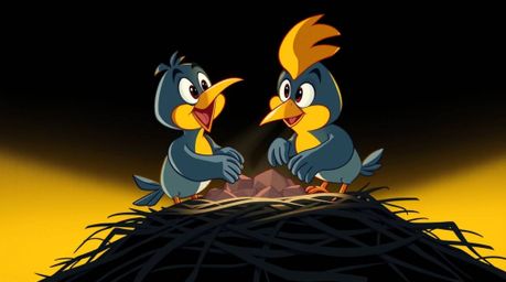 This illustration depicts two charming cartoon birds diligently building a nest, rendered in a classic animation style. The a