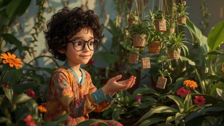A highly detailed, high-resolution stock photo features a bespectacled, curly-haired young prodigy in a colorful, whimsical o
