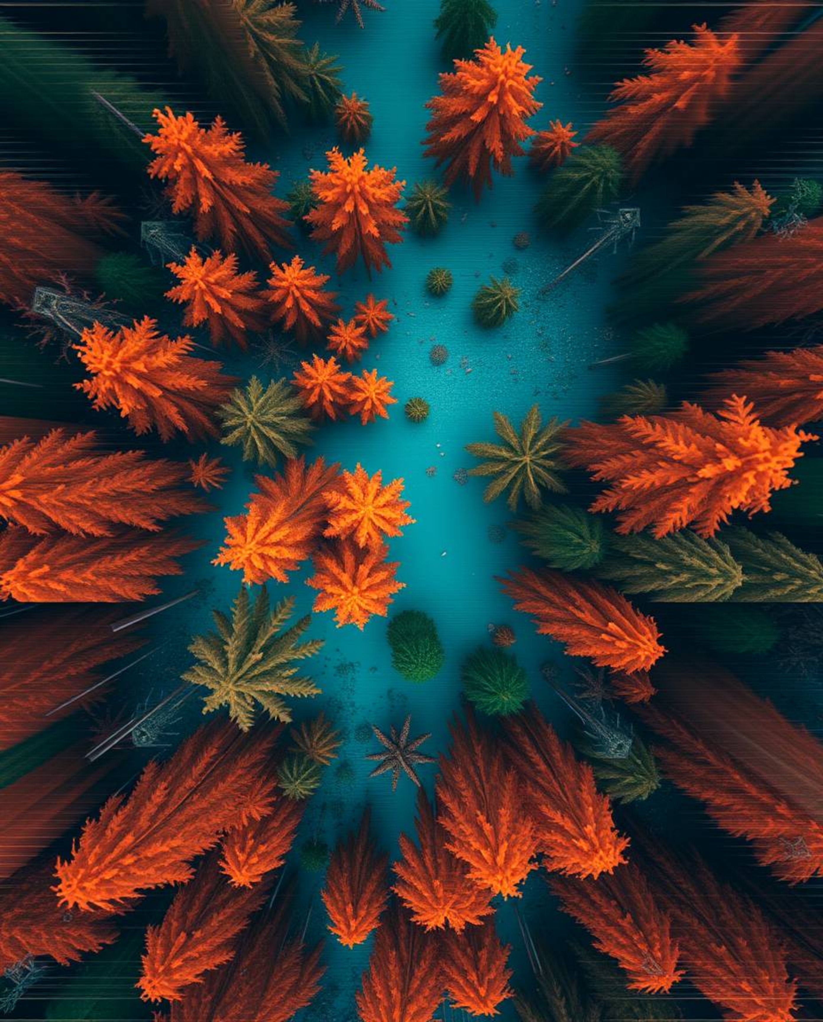 Experience a mesmerizing bird's-eye view of a digital glitch effect cascading over a surreal forest. The scene features a cap