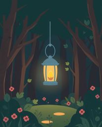 A charming illustration of a glowing lantern in a dark forest, designed in a modern flat style with simple two-dimensional sh