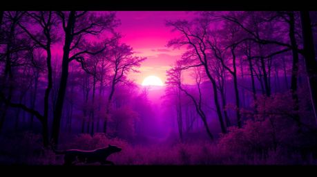 Experience a dreamlike and surreal image of an autumn forest bathed in the deep ultraviolet hues of a setting sun. Vivid purp