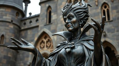 A captivating cast bronze sculpture featuring a classic and graceful Disney villain casting a spell within the aged walls of 