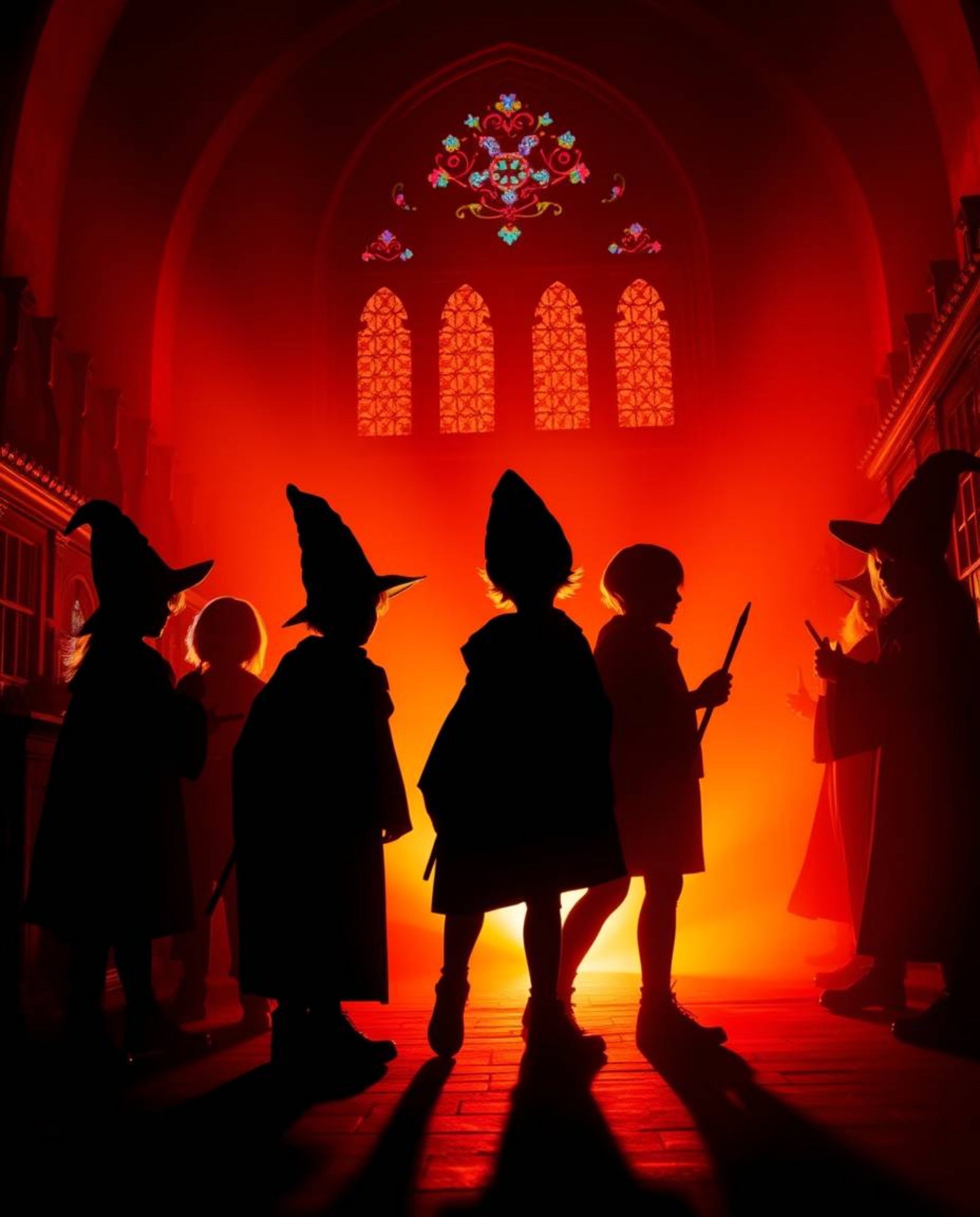 Capture the enchanting atmosphere of a magical school with silhouetted young wizards, brought to life with vibrant complement