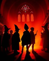 Capture the enchanting atmosphere of a magical school with silhouetted young wizards, brought to life with vibrant complement