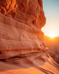 A graceful and elegant depiction captures the moment a sunset illuminates sandstone cliffs within a canyon. The artwork empha