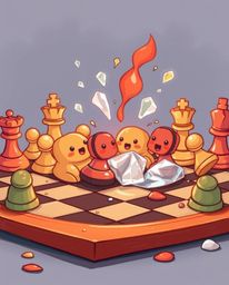 An adorable illustration depicts a chessboard with pieces frozen mid-destruction, showcasing expressive features and a warm c
