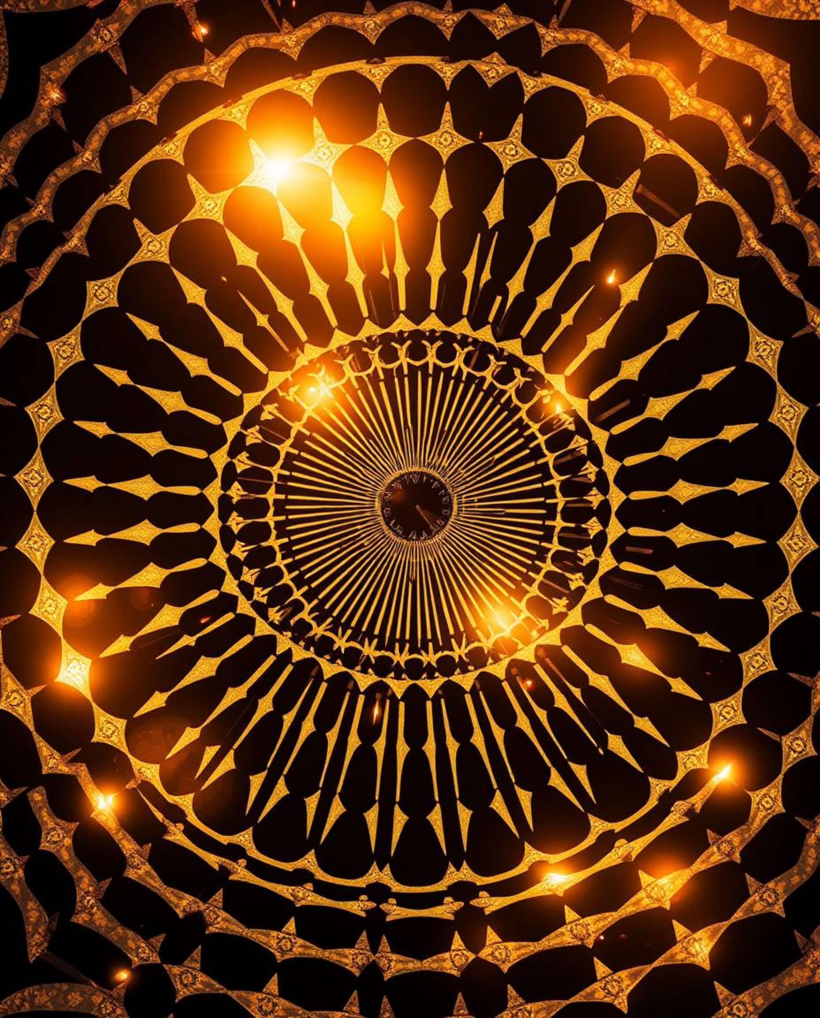 This image features a striking black and white geometric pattern with captivating optical illusion effects, bathed in a warm 