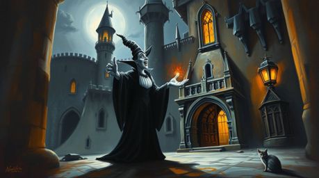 A captivating classic oil painting depicts a Disney villain casting a dramatic spell within the shadowy confines of an ancien